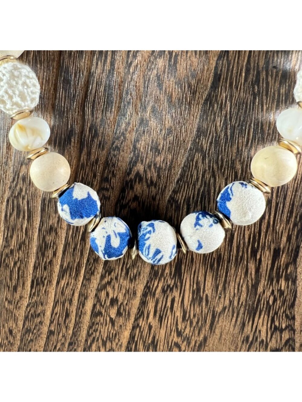 Handcrafted Blue & White Ceramic Bead Necklace With Gold Clasp & Adjustable Chai - Picture 2 of 3